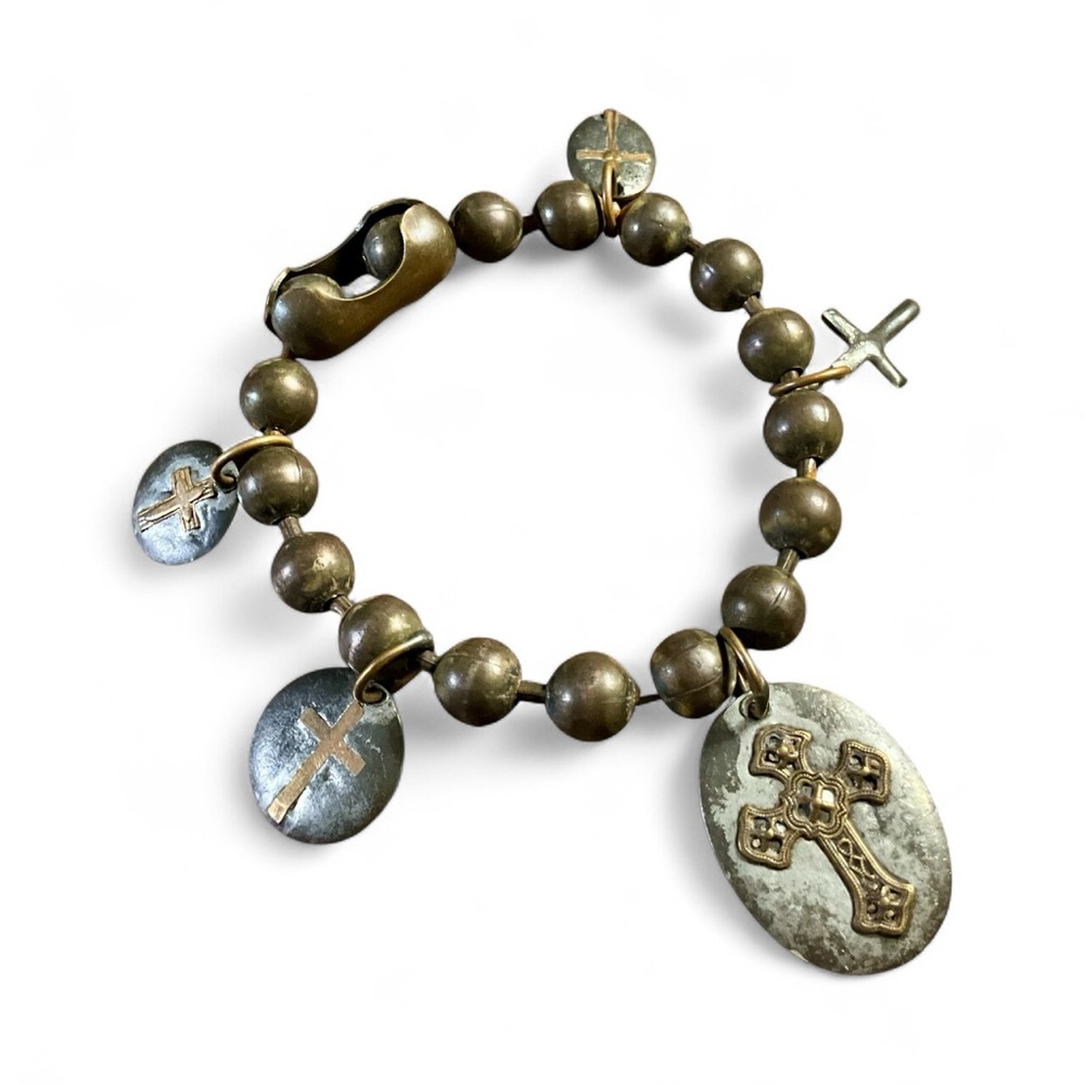 Rustic Metal Chunky Bracelet Dog Tag Style Chain Cross Charms